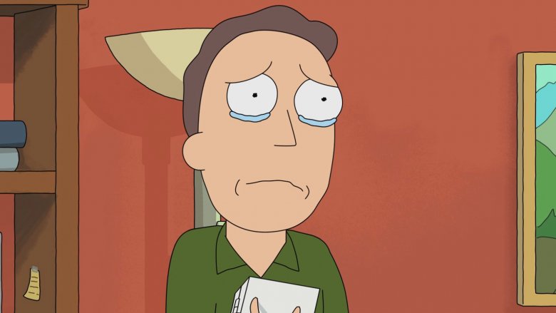 Jerry Smith em expressão de ansiedade e submissão emocional, representando a mediocridade e o abuso psicológico em Rick and Morty